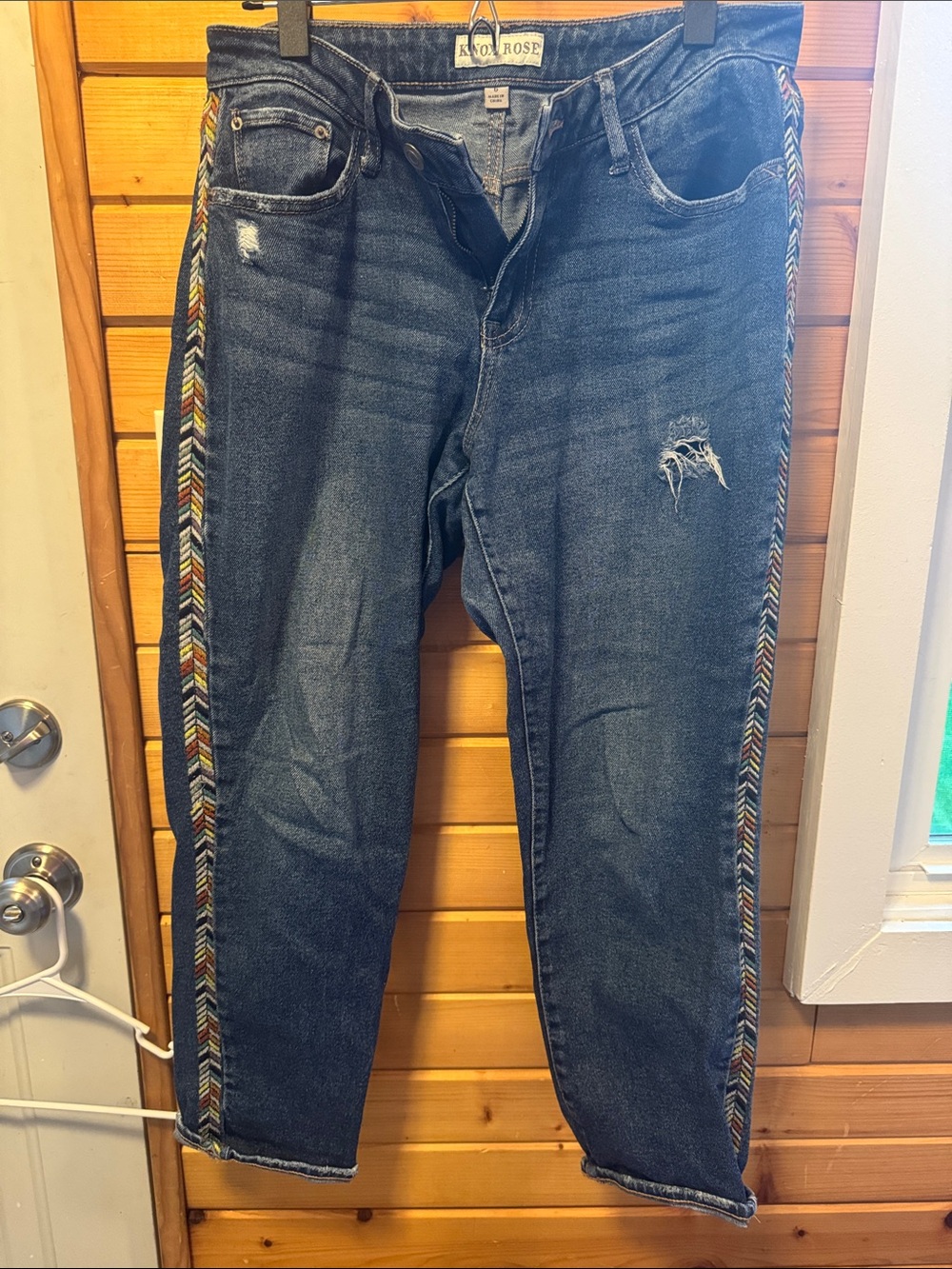 Knox Rose Dark Blue Distressed Jeans with Multicolor Chevron Side Trim